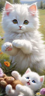 Cute fluffy kittens playing in a meadow amidst colorful flowers.