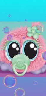 Adorable pink fluffy monster on a colorful gradient mobile wallpaper.