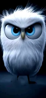 A cute animated owl with blue eyes against a dark background.