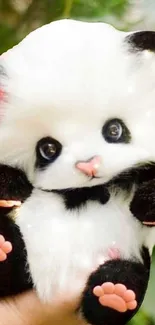 Fluffy panda toy with bright eyes, perfect for phone wallpaper.