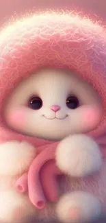 Cute fluffy animal in pink hood mobile wallpaper.