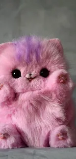 Adorable fluffy pink cat with purple fur on a soft gray background.