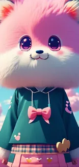 Cute fluffy pink fox cartoon under a bright sky.