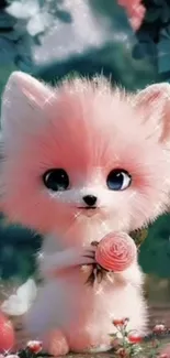 Adorable fluffy pink fox holding a small flower with a dreamy background.