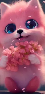 Cute fluffy pink puppy holding flowers.