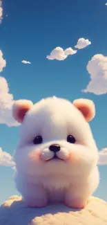 Adorable fluffy puppy sitting on a cloud under a blue sky with white clouds.