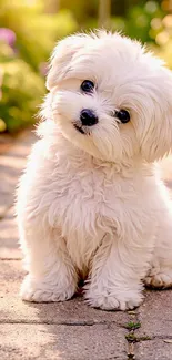 Adorable fluffy puppy sitting on a sunlit garden path.