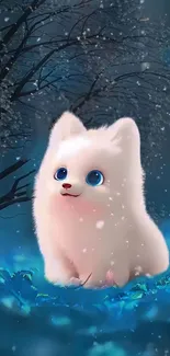 Adorable white puppy with blue eyes in a snowy night scene.