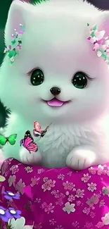 Cute fluffy puppy with butterflies and flowers in vibrant colors.