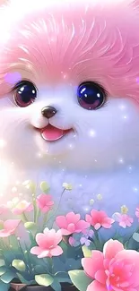 Fluffy puppy with pink fur in a basket with flowers.