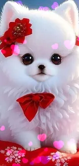 Fluffy white puppy with red bow on floral backdrop.