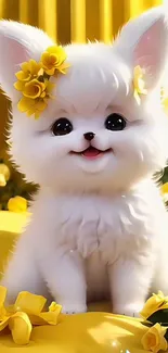 Fluffy white puppy with yellow flowers.