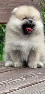 Adorable fluffy puppy yawning on a wooden bench with greenery in the background.