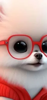 Fluffy puppy in red glasses and sweater, cute wallpaper.