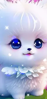 Cute white fluffy puppy with big blue eyes and vibrant background.