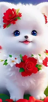 Adorable fluffy puppy with red flowers