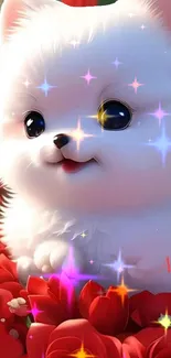 Adorable fluffy white puppy with vibrant red flowers and sparkles.