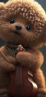 Cute fluffy puppy holding a small violin.