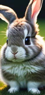 Cute fluffy rabbit with big eyes on a green grass background.