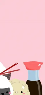 Kawaii food-themed phone wallpaper with pink background.