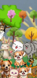 Cute forest animals, cartoon style wallpaper with vibrant trees.