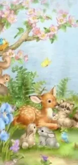 Cute forest animals sitting near a blooming tree in a pastel, peaceful scene.