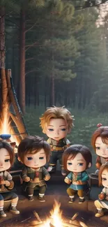 Cute characters gathered around a campfire in a forest.