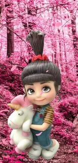 Cartoon girl with unicorn in pink forest wallpaper.