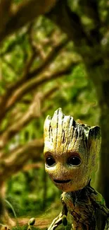 Cute wooden forest creature in lush green setting.