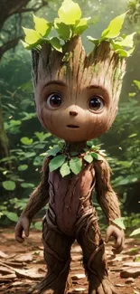 Adorable tree-like cartoon character in a lush green forest setting.