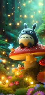 Cute creature on a mushroom in a magical forest.