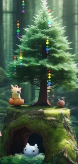 Cute animals in a lush green forest with a tree house.