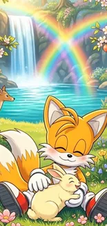 Cartoon fox with animals in a forest with rainbows and waterfall.