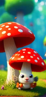 Cute creature under mushroom in magical forest wallpaper.