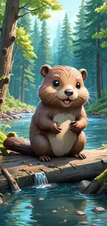 Cartoon otter sitting on a log by a forest stream.