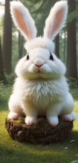 Cute white rabbit on grassy nest in forest.