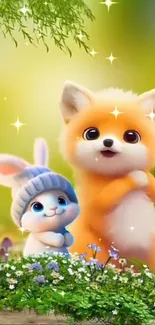 Cute fox and bunny cartoon in a lush green forest.