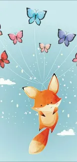 Cute fox floating with butterflies in a serene blue sky wallpaper.