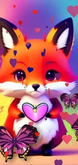 Cute cartoon fox with hearts and butterflies in vibrant colors.