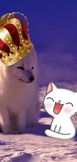 Cute fox with a crown and cartoon cat on a snow background.