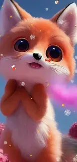 Cute animated fox with pink flowers in the background.