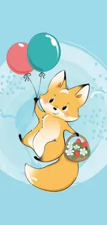 Cute fox with colorful balloons on a blue background.