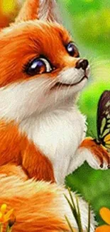 Cartoon fox with butterfly in lush nature setting.