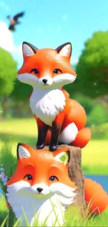 Cartoon foxes in a vibrant forest setting.