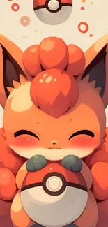 Cute fox with a pokeball-inspired toy, smiling adorably, on a mobile wallpaper.