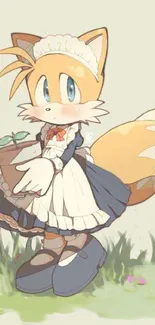 Cute fox in anime style holding a plant pot.