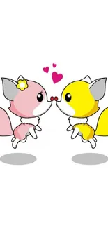 Cartoon fox couple with pink and yellow tails in love.