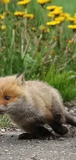 Cute fox cub running on grass with yellow flowers.