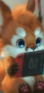 Adorable fluffy fox playing on a gaming console, perfect for mobile wallpaper.