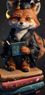 Cute fox in graduation attire on book stack.